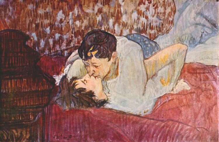 The Kiss, 1892–1893 by Henri de Toulouse-Lautrec reflects an intimate and unguarded moment between two lovers.