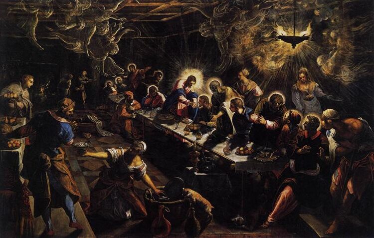 The Last Supper (1592–1594) by Tintoretto reflects a spiritually charged and dynamic depiction of Christ’s final meal with his disciples