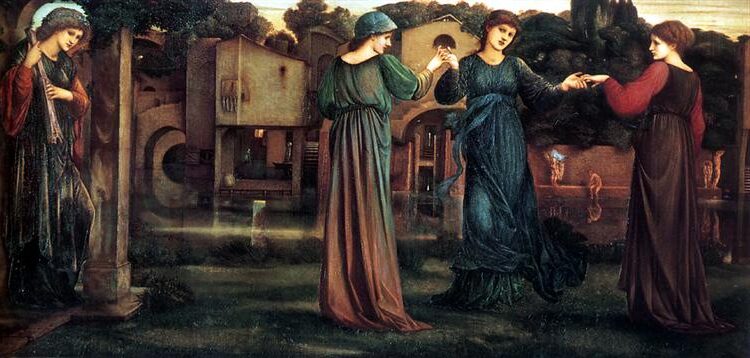 The Mill by Edward Burne-Jones, 1882 reflects an idyllic and dreamlike atmosphere, where graceful figures move in harmony with nature.