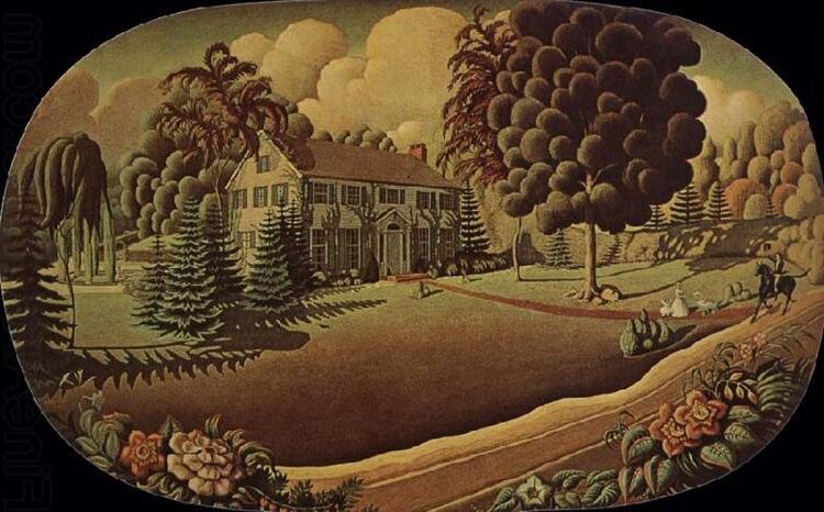 Overmantel Decoration (1930) by Grant Wood reflects a stylized pastoral scene designed as a decorative mural