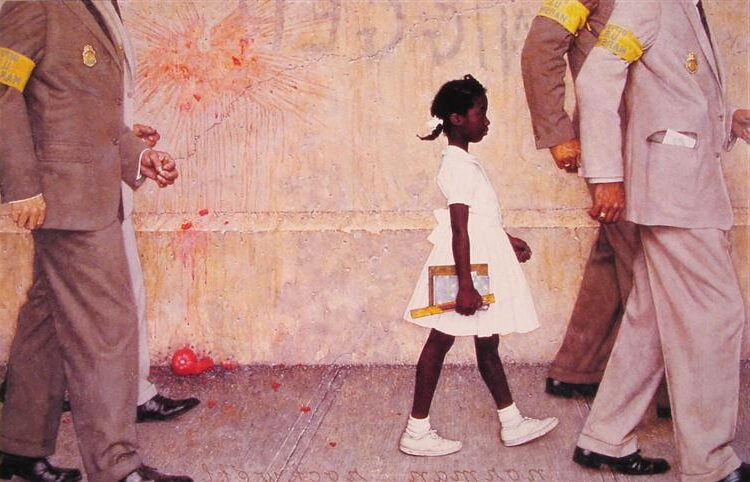 The Problem We All Live With (1964) by Norman Rockwell reflects the struggle for racial integration and civil rights in America.