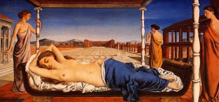 The Sleeping Venus (1943) by Paul Delvaux reflects a dreamlike and surreal atmosphere.