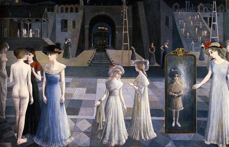 The Tunnel (1978) by Paul Delvaux reflects a dreamlike and mysterious atmosphere.