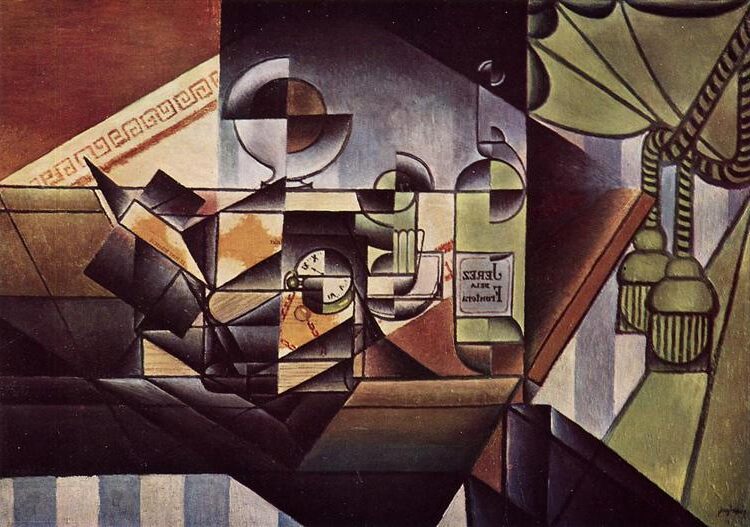 The Watch (1912) reflects a Cubist still life that depicts a watch and a sherry bottle, restructured into geometric shapes