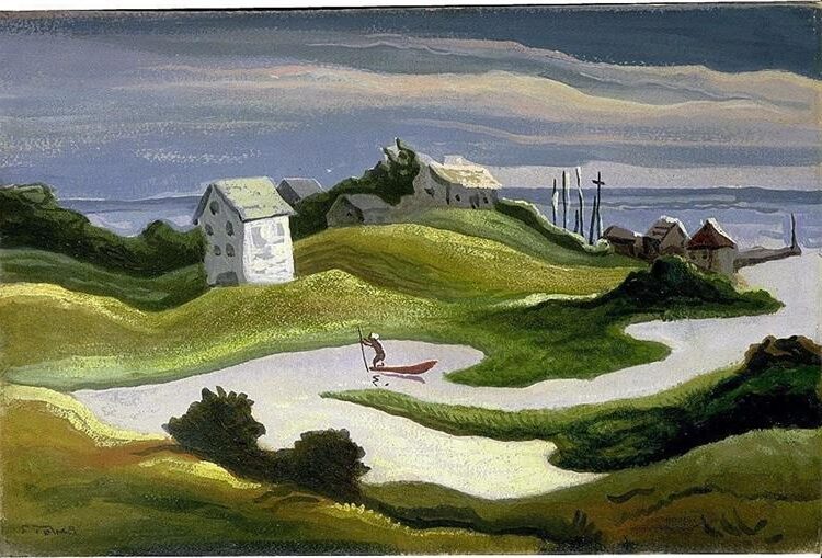 Chilmark Landscape (1922) by Thomas Hart Benton reflects the natural beauty of Martha's Vineyard, capturing a sweeping rural landscape