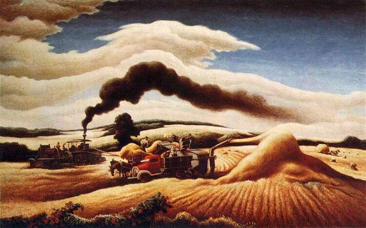 Threshing Wheat, 1939 by Thomas Hart Benton reflects the hardworking spirit of rural America