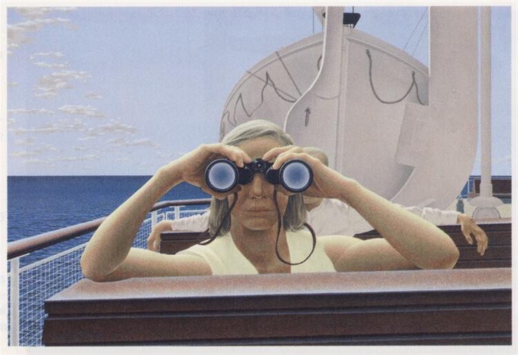 To Prince Edward Island (1965) reflects a a woman on a ferry, looking through binoculars, with a man partially obscured behind her