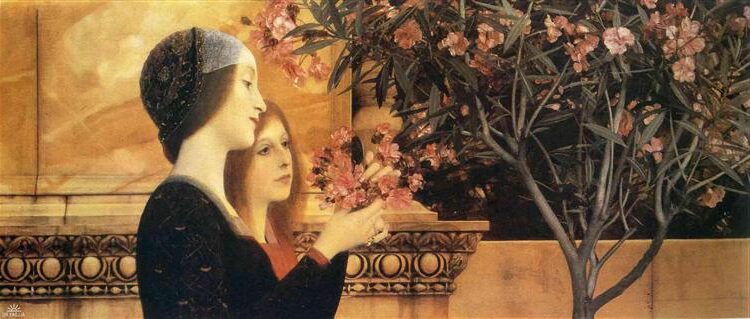 Two Girls With An Oleander (1890) by Gustav Klimt reflects a delicate and intimate moment of youthful innocence and serenity.