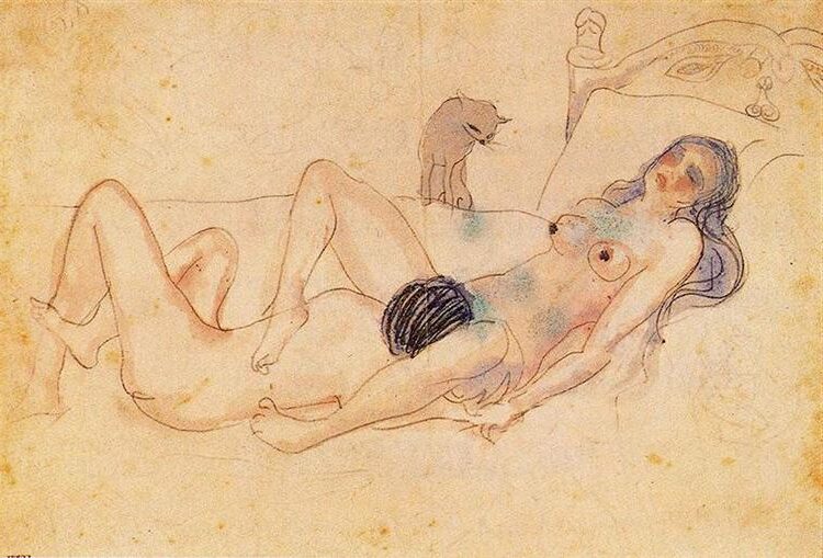 Two Nudes and a Cat (Deux nus et un chat) (1903) explores themes of human vulnerability and emotional isolation.