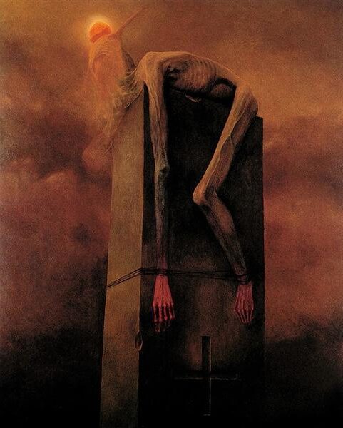 Untitled (1973) reflects a surreal and haunting scene featuring a skeletal figure perched atop a decayed, monolithic structure