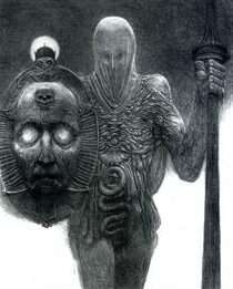Untitled (1976) by Zdzisław Beksiński reflects a surreal and haunting depiction of a soldier standing solemnly, gripping a long rod or spear in one hand and a shield adorned with a skeletal face in the other.