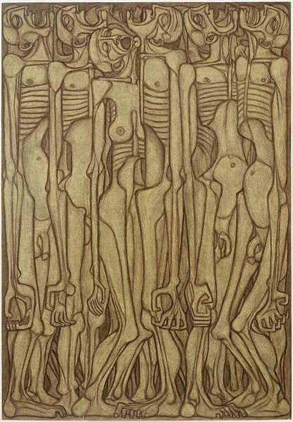 Untitled (1956) reflects an early exploration of abstraction and texture, featuring distorted forms