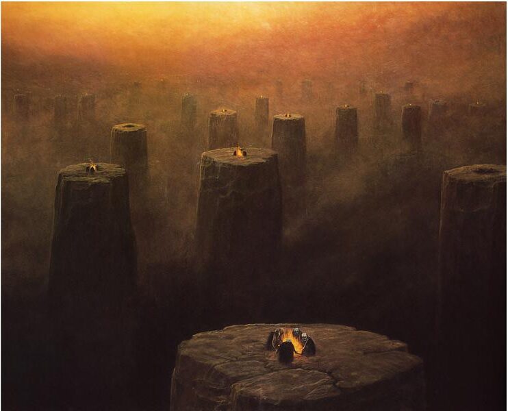 Untitled (1978) reflects an apocalyptic landscape dominated by towering monolithic structures with fires burning at their peaks