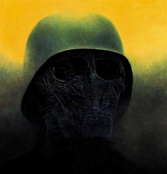 Untitled (1985) reflects a haunting and surreal vision of a skeletal face partially obscured by a worn, metallic helmet
