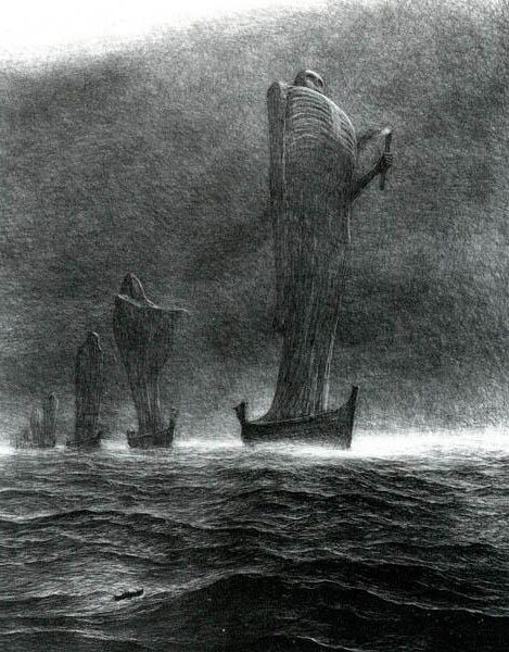 Untitled (1985) reflects a surreal and nightmarish seascape where towering skeletal figures loom over ships