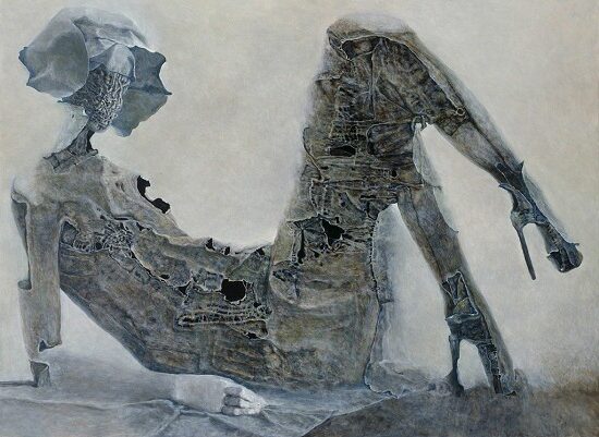 Untitled (1969) by Zdzisław Beksiński reflects a surreal and haunting figure wrapped in decayed, flowing fabric