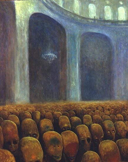 Untitled (1976) by Zdzisław Beksiński reflects a vast, eerie chamber filled with skeletal figures