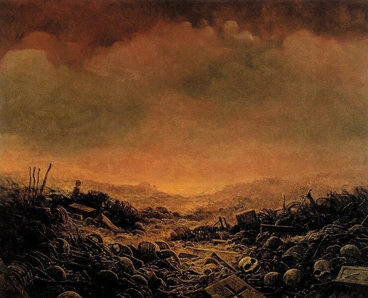 Untitled (1971) reflects a grim and haunting landscape filled with skeletal remains scattered across a desolate terrain
