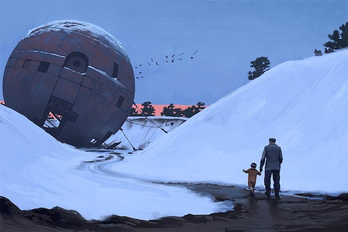 Varselklotet (2014) reflects a quiet, surreal scene where a large, unmoving orb lies on the snow-covered ground