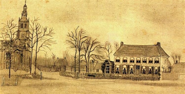 Vicarage and Church at Etten (1876) reflects Van Gogh’s deep connection to his early religious upbringing and his family’s ties to the church.