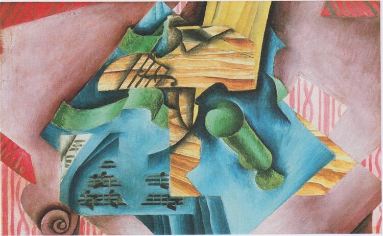 Violin and Glass (1913) by Juan Gris reflects the principles of Synthetic Cubism.