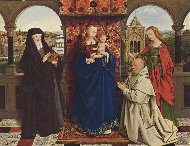 Virgin and Child with Saints and Donor (1441) by Jan van Eyck reflects themes of devotion and divine presence.