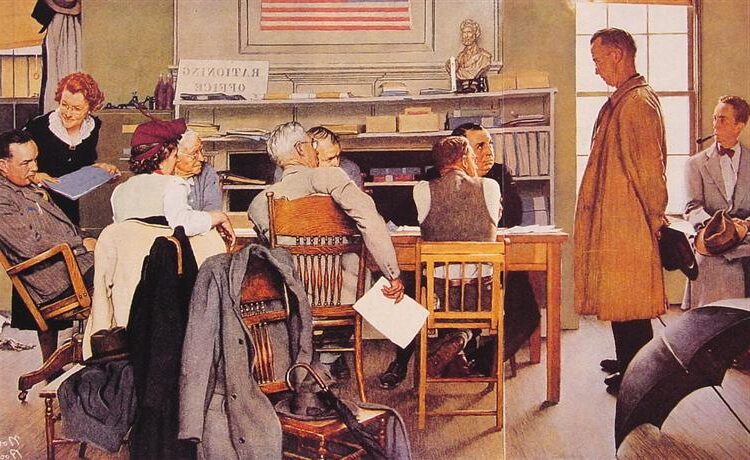 Visits a Ration Board (1944) by Norman Rockwell reflects the everyday experiences of Americans during World War II