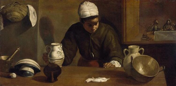 Kitchen Scene with the Supper in Emmaus (1618) by Diego Velázquez showcases the contrast between the divine and the ordinary. 