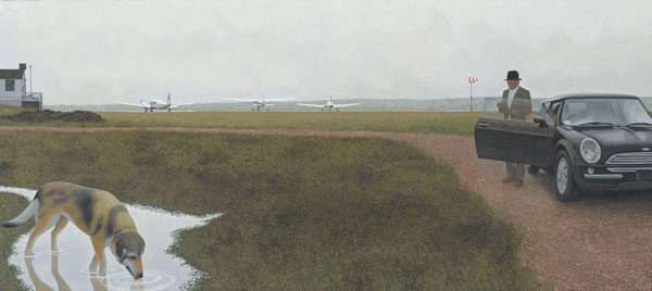 Waterville (2003) by reflects a tranquil, rural landscape where a man in a suit and hat stands beside his black car