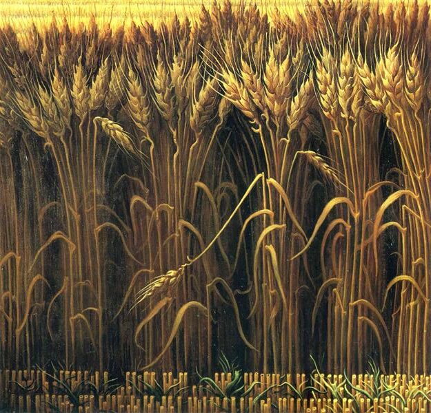 Wheat (1967) reflects a vibrant and dynamic depiction of American agriculture, portraying farmers harvesting golden wheat fields