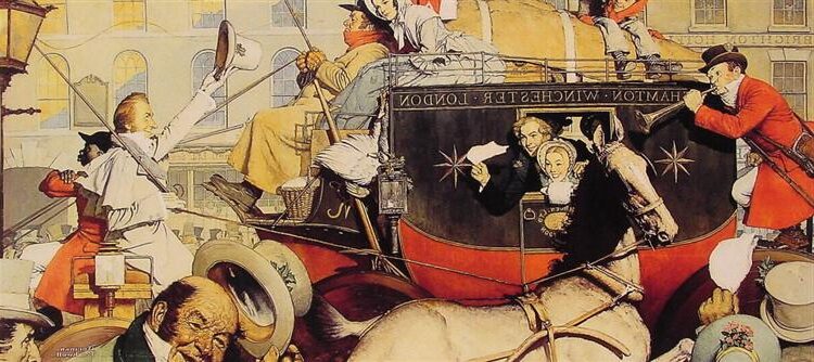 Winchester Stagecoach (c. 1941) by Norman Rockwell reflects Rockwell’s signature storytelling style