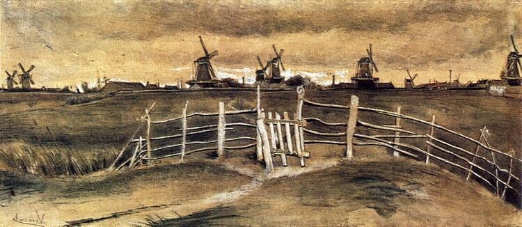 Windmills at Dordrecht (1881) reflects Van Gogh’s early fascination with Dutch landscapes.