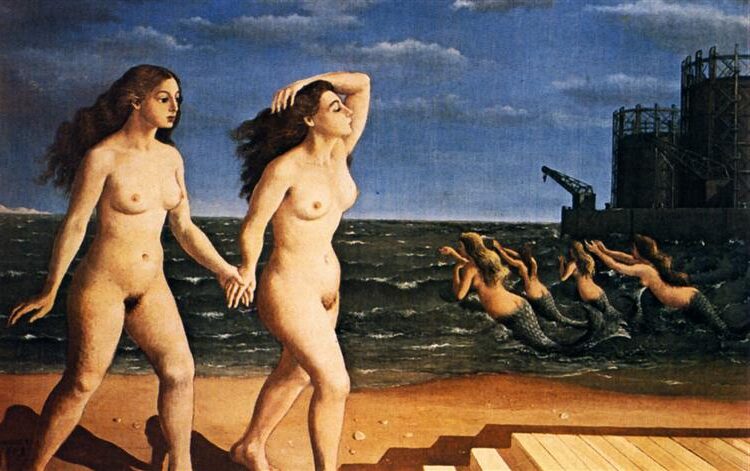 Woman in Front of the Sea (1943) by Paul Delvaux reflects a mysterious and introspective mood.