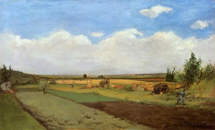 Working the Land, 1873 by Paul Gauguin reflects a focus on rural labor and the connection between people and nature