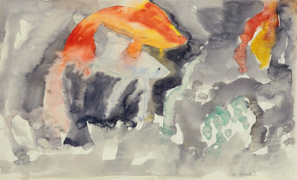 Fish Series, No. 5, 1917 reflects a fascination with movement and form through stylized marine life in a modernist composition.