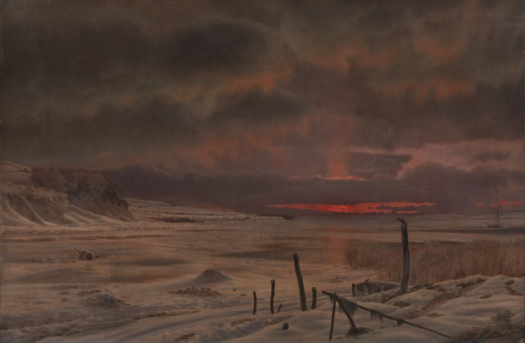 A Winter’s Evening by a Danish Fiord (1875)  symbolizes nature’s quiet endurance through harsh seasons.