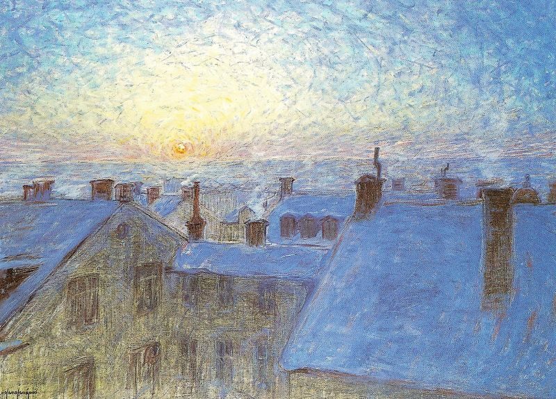 Sunrise over the Rooftops, 1903, by Eugène Jansson  reflects the early morning light breaking over a cityscape.