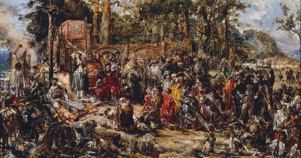 Baptism of Lithuania (1888) by Jan Matejko reflects a pivotal moment in the Christianization of Eastern Europe and the unification of Poland and Lithuania. 