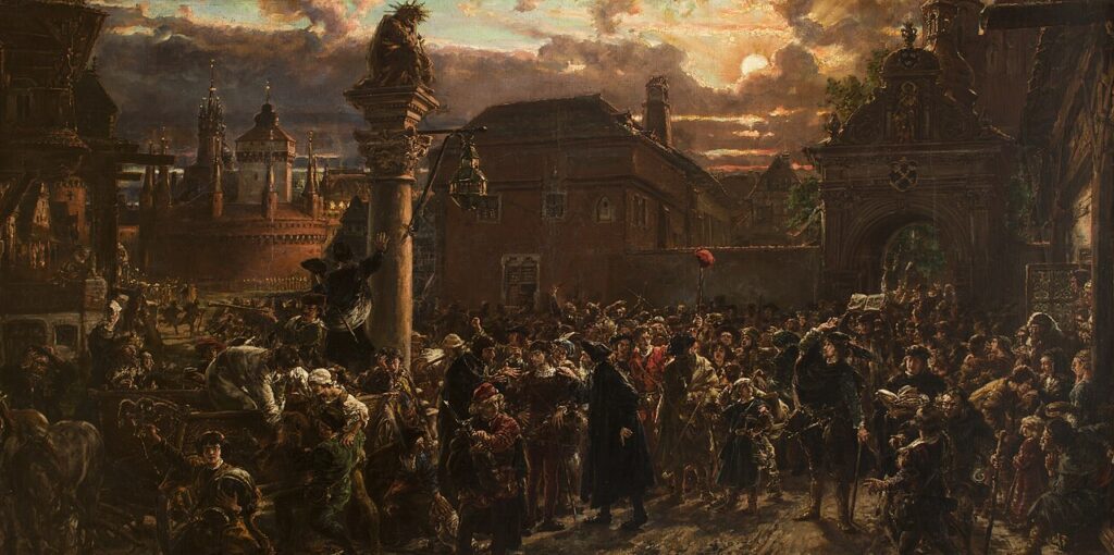 Students Leaving Krakow in 1549 (1892) by Jan Matejko reflects the struggles and transitions of Polish scholars during the Renaissance.