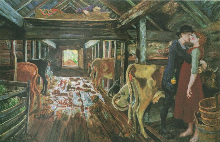 Fjøsfrieri, 1902 by Nikolai Astrup reflects rural Norwegian courtship traditions.