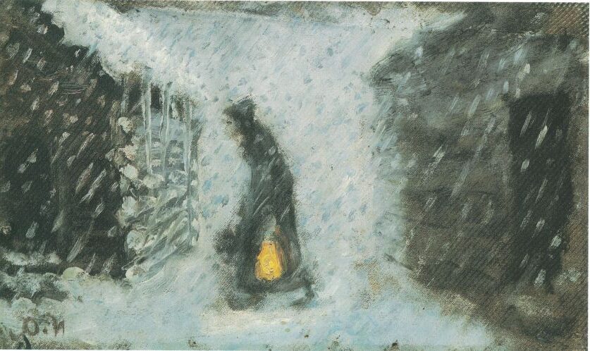 Kjerringa med lykta by Nikolai Astrup  reflects themes of solitude, perseverance, and the guiding light in darkness.