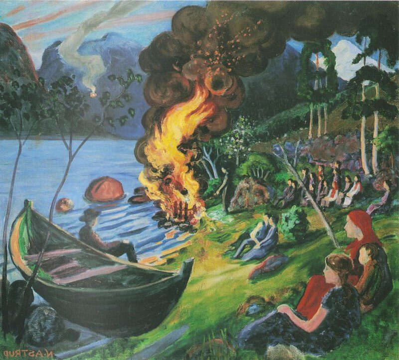 St. Hansbål ved Jølstervatnet, 1909 by Nikolai Astrup reflects the mystical and communal spirit of the Norwegian Midsummer celebration.