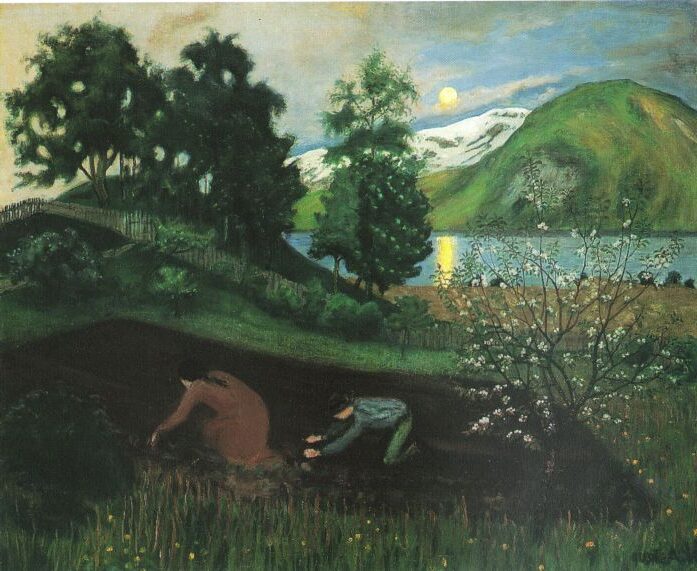 Vårnatt i hagen, 1909 by Nikolai Astrup reflects the quiet enchantment of a Norwegian spring night. 