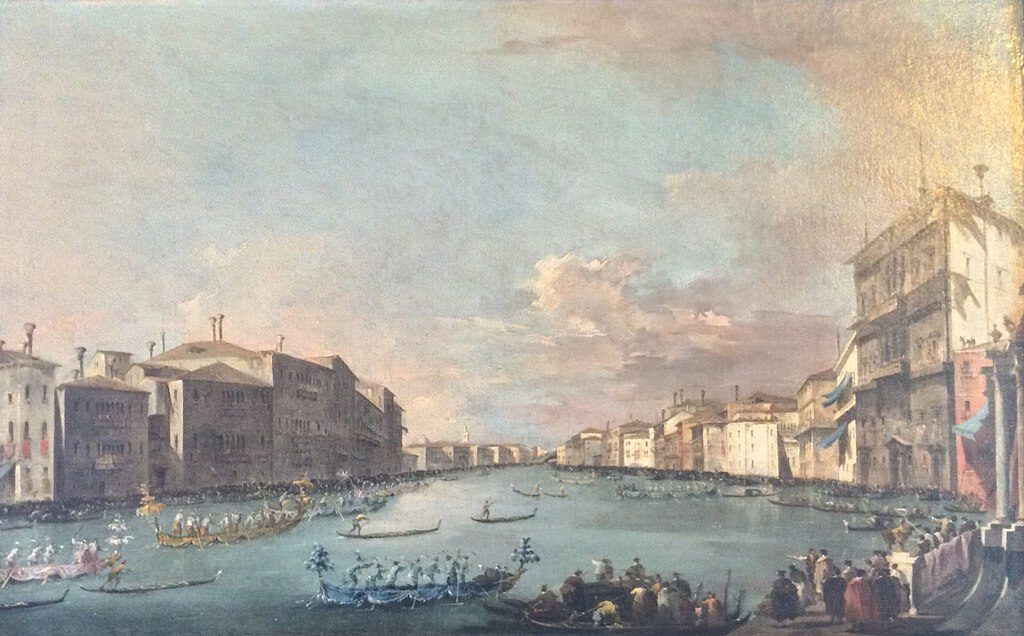 Regatta in Venice (1770) by Francesco Guardi reflects the festive and lively spirit of Venice’s famous boat races.