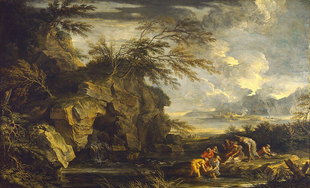 The Finding of Moses (1660–65) by Salvator reflects Rosa’s signature baroque style with dynamic movement and rich detail.
