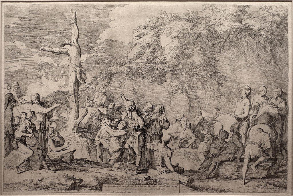 The Crucifixion of Polycrates the Tyrant after his Capture by the Persians (1662) emphasizes dramatic contrasts, intense expressions, and a somber atmosphere