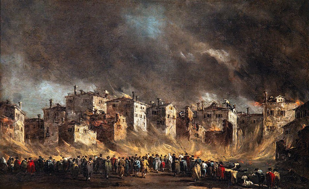 Fire in the Oil Depot in San Marcuola (1789) by Francesco Guardi reflects the dramatic and chaotic nature of a catastrophic event in Venice.